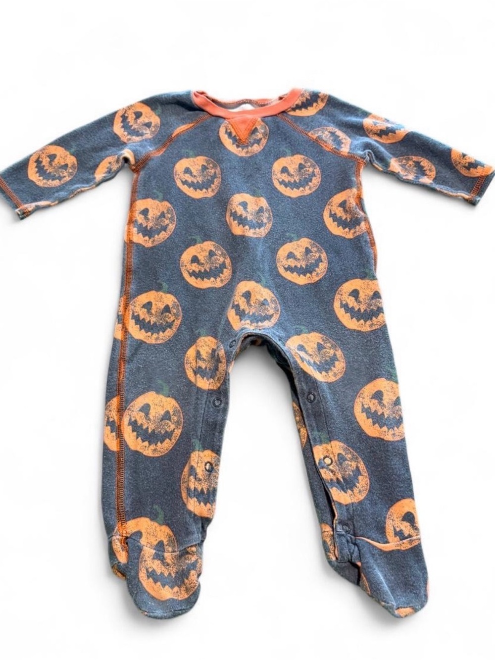 Mud Pie Orange Pumpkin Print Footed Pajamas - Blue Gray